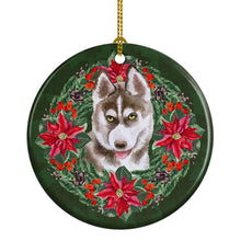 Load image into Gallery viewer, Siberian Husky Grey Poinsetta Wreath Ornament - Round Ceramic Ornament – Artist-Designed Keepsake Decoration