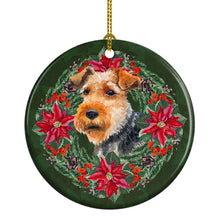 Load image into Gallery viewer, Welsh Terrier Poinsetta Wreath Ornament - Round Ceramic Ornament – Artist-Designed Keepsake Decoration