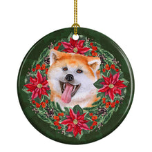 Load image into Gallery viewer, Akita Poinsetta Wreath Ornament - Round Ceramic Ornament – Artist-Designed Keepsake Decoration