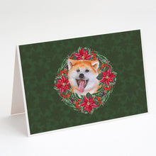 Load image into Gallery viewer, Akita Poinsetta Wreath Greeting Cards -  Blank Note Cards – 8-Pack of Artist-Designed Cards with Envelopes