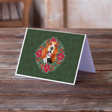 Load image into Gallery viewer, Basset Hound Poinsetta Wreath Greeting Cards -  Blank Note Cards – 8-Pack of Artist-Designed Cards with Envelopes