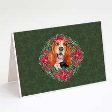 Load image into Gallery viewer, Basset Hound Poinsetta Wreath Greeting Cards -  Blank Note Cards – 8-Pack of Artist-Designed Cards with Envelopes