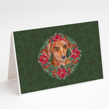 Load image into Gallery viewer, Red Dachshund Poinsetta Wreath Greeting Cards -  Blank Note Cards – 8-Pack of Artist-Designed Cards with Envelopes