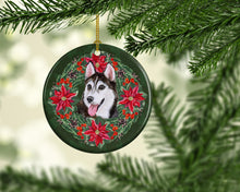 Load image into Gallery viewer, Siberian Husky #2 Poinsetta Wreath Ornament - Round Ceramic Ornament – Artist-Designed Keepsake Decoration
