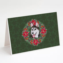 Load image into Gallery viewer, Siberian Husky #2 Poinsetta Wreath Greeting Cards -  Blank Note Cards – 8-Pack of Artist-Designed Cards with Envelopes