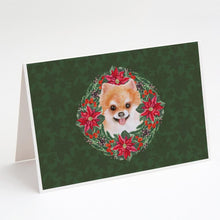Load image into Gallery viewer, Pomeranian #2 Poinsetta Wreath Greeting Cards -  Blank Note Cards – 8-Pack of Artist-Designed Cards with Envelopes
