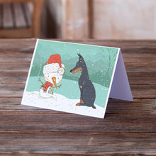 Load image into Gallery viewer, Doberman and Snowman Christmas Greeting Cards -  Blank Note Cards – 8-Pack of Artist-Designed Cards with Envelopes