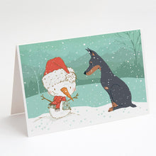 Load image into Gallery viewer, Doberman and Snowman Christmas Greeting Cards -  Blank Note Cards – 8-Pack of Artist-Designed Cards with Envelopes