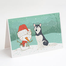 Load image into Gallery viewer, Siberian Husky Snowman Christmas Greeting Cards -  Blank Note Cards – 8-Pack of Artist-Designed Cards with Envelopes