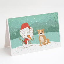 Load image into Gallery viewer, Brown Staffie Snowman Christmas Greeting Cards -  Blank Note Cards – 8-Pack of Artist-Designed Cards with Envelopes