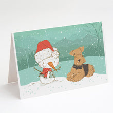 Load image into Gallery viewer, Airedale Terrier Snowman Christmas Greeting Cards -  Blank Note Cards – 8-Pack of Artist-Designed Cards with Envelopes