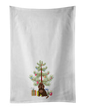 Load image into Gallery viewer, Brown Russian Tsvetnaya Bolonka Lap Dog Christmas Tree White Kitchen Towel Set of 2