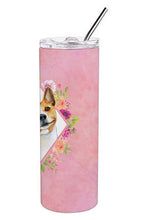Load image into Gallery viewer, Basenji Pink Flowers Double Walled Stainless Steel 20 oz Skinny Tumbler CK4115TBL20