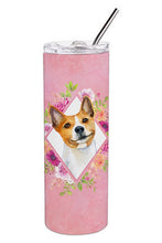 Load image into Gallery viewer, Basenji Pink Flowers Double Walled Stainless Steel 20 oz Skinny Tumbler CK4115TBL20