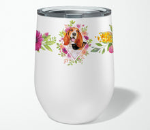 Load image into Gallery viewer, Basset Hound Pink Flowers Stainless Steel 12 oz Stemless Wine Glass CK4116TBL12