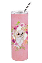 Load image into Gallery viewer, Long Hair Chihuahua Pink Flowers Double Walled Stainless Steel 20 oz Skinny Tumbler CK4127TBL20
