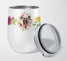 Load image into Gallery viewer, Chinese Crested Pink Flowers Stainless Steel 12 oz Stemless Wine Glass CK4130TBL12