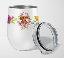 Load image into Gallery viewer, Dachshund Red #2 Pink Flowers Stainless Steel 12 oz Stemless Wine Glass CK4135TBL12