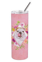 Load image into Gallery viewer, English Bulldog Pink Flowers Double Walled Stainless Steel 20 oz Skinny Tumbler CK4140TBL20