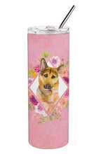 Load image into Gallery viewer, German Shepherd #2 Pink Flowers Double Walled Stainless Steel 20 oz Skinny Tumbler CK4147TBL20
