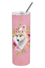 Load image into Gallery viewer, Red Siberian Husky Pink Flowers Double Walled Stainless Steel 20 oz Skinny Tumbler CK4148TBL20
