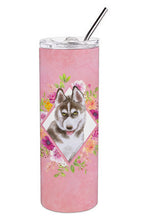 Load image into Gallery viewer, Siberian Husky #2 Pink Flowers Double Walled Stainless Steel 20 oz Skinny Tumbler CK4152TBL20