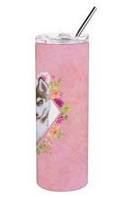 Load image into Gallery viewer, Siberian Husky #2 Pink Flowers Double Walled Stainless Steel 20 oz Skinny Tumbler CK4152TBL20
