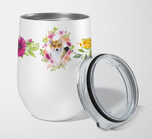 Load image into Gallery viewer, Corgi Pink Flowers Stainless Steel 12 oz Stemless Wine Glass CK4167TBL12