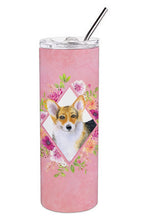 Load image into Gallery viewer, Corgi Pink Flowers Double Walled Stainless Steel 20 oz Skinny Tumbler CK4167TBL20