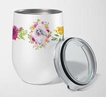Load image into Gallery viewer, White Mini Poodle Pink Flowers Stainless Steel 12 oz Stemless Wine Glass CK4172TBL12