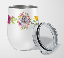 Load image into Gallery viewer, Standard Grey Poodle Pink Flowers Stainless Steel 12 oz Stemless Wine Glass CK4173TBL12