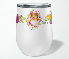 Load image into Gallery viewer, Sheltie Shetland Sheepdog Pink Flowers Stainless Steel 12 oz Stemless Wine Glass CK4182TBL12