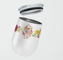 Load image into Gallery viewer, Shiba Inu Pink Flowers Stainless Steel 12 oz Stemless Wine Glass CK4183TBL12