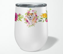 Load image into Gallery viewer, Shiba Inu Pink Flowers Stainless Steel 12 oz Stemless Wine Glass CK4183TBL12