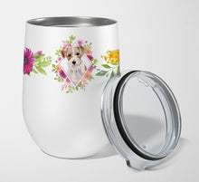 Load image into Gallery viewer, Jack Russell Terrier Pink Flowers Stainless Steel 12 oz Stemless Wine Glass CK4198TBL12