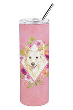 Load image into Gallery viewer, White Collie Pink Flowers Double Walled Stainless Steel 20 oz Skinny Tumbler CK4201TBL20