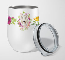 Load image into Gallery viewer, Wheaten Terrier Pink Flowers Stainless Steel 12 oz Stemless Wine Glass CK4202TBL12