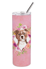 Load image into Gallery viewer, Staffie Bull Terrier Pink Flowers Double Walled Stainless Steel 20 oz Skinny Tumbler CK4208TBL20