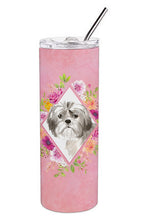 Load image into Gallery viewer, Shih Tzu Puppy Pink Flowers Double Walled Stainless Steel 20 oz Skinny Tumbler CK4211TBL20