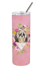 Load image into Gallery viewer, Shih Tzu Pink Flowers Double Walled Stainless Steel 20 oz Skinny Tumbler CK4212TBL20