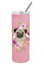 Load image into Gallery viewer, Fawn Pug Pink Flowers Double Walled Stainless Steel 20 oz Skinny Tumbler CK4218TBL20
