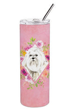 Load image into Gallery viewer, Maltese Pink Flowers Double Walled Stainless Steel 20 oz Skinny Tumbler CK4223TBL20