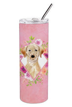 Load image into Gallery viewer, Yellow Lab Pink Flowers Double Walled Stainless Steel 20 oz Skinny Tumbler CK4227TBL20