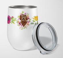 Load image into Gallery viewer, Labradoodle Pink Flowers Stainless Steel 12 oz Stemless Wine Glass CK4228TBL12