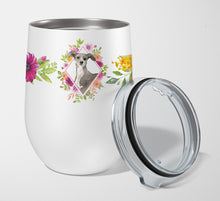 Load image into Gallery viewer, Italian Greyhound Pink Flowers Stainless Steel 12 oz Stemless Wine Glass CK4230TBL12