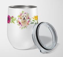 Load image into Gallery viewer, Goldendoodle Pink Flowers Stainless Steel 12 oz Stemless Wine Glass CK4236TBL12