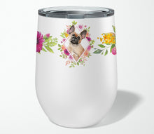 Load image into Gallery viewer, Fawn French Bulldog Pink Flowers Stainless Steel 12 oz Stemless Wine Glass CK4238TBL12