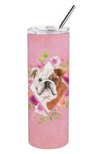 Load image into Gallery viewer, English Bulldog Pink Flowers Double Walled Stainless Steel 20 oz Skinny Tumbler CK4240TBL20