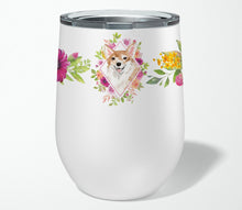 Load image into Gallery viewer, Corgi Pink Flowers Stainless Steel 12 oz Stemless Wine Glass CK4243TBL12