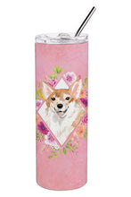 Load image into Gallery viewer, Corgi Pink Flowers Double Walled Stainless Steel 20 oz Skinny Tumbler CK4243TBL20